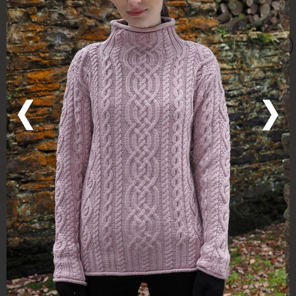 Aran Sweater Market Super Soft Aran Roll Neck Sweater‎ Sz M Pink Merino Wool